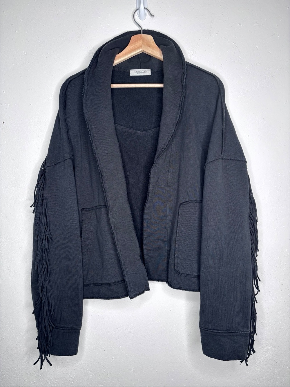 Ragabond Wyatt Fringe Cardi Organic Cotton Black Size XL EUC